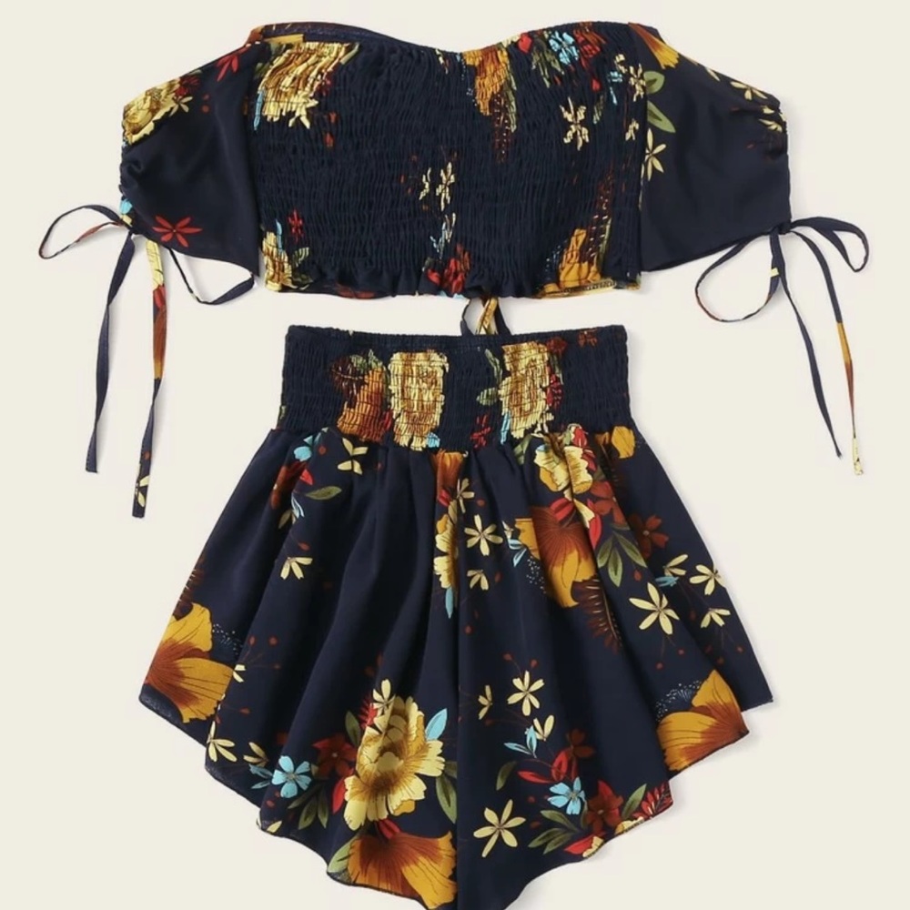 Floral Drawstring Ruched Top & Smocked Shorts Set